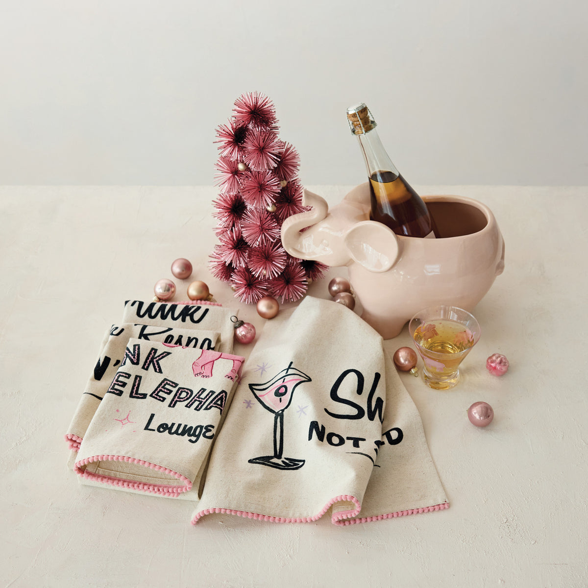 Cotton & Linen Printed Tea Towel with Cocktail Saying & Mini Pom Pom Trim, 4 Styles priced each