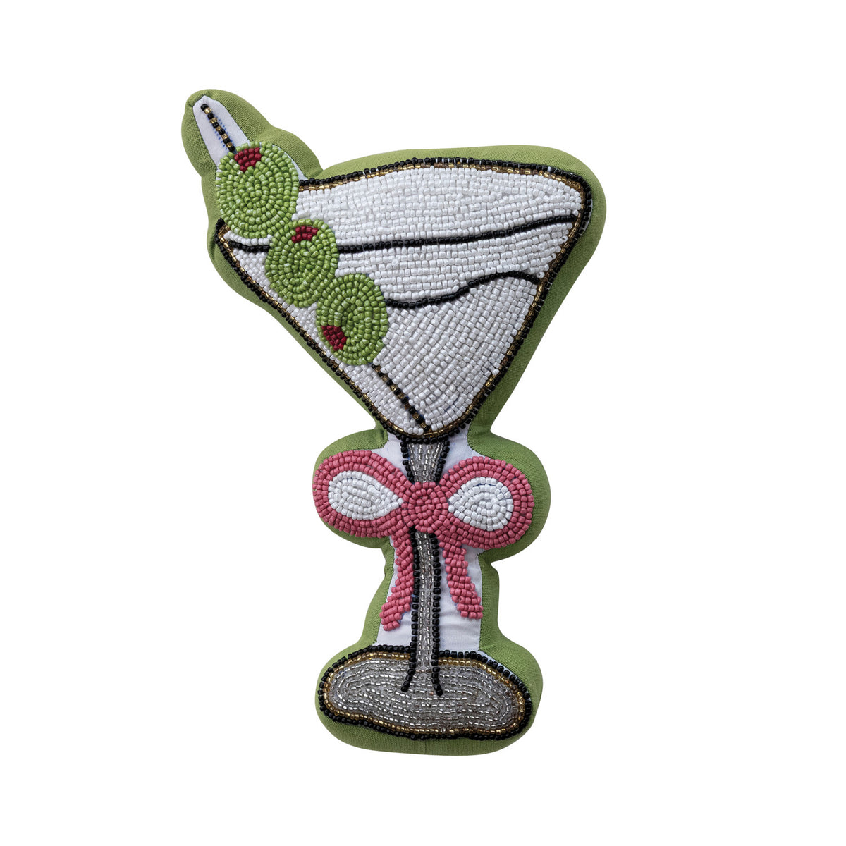 Martini Shaped Fabric Beaded Pillow with Bow & Velvet Back