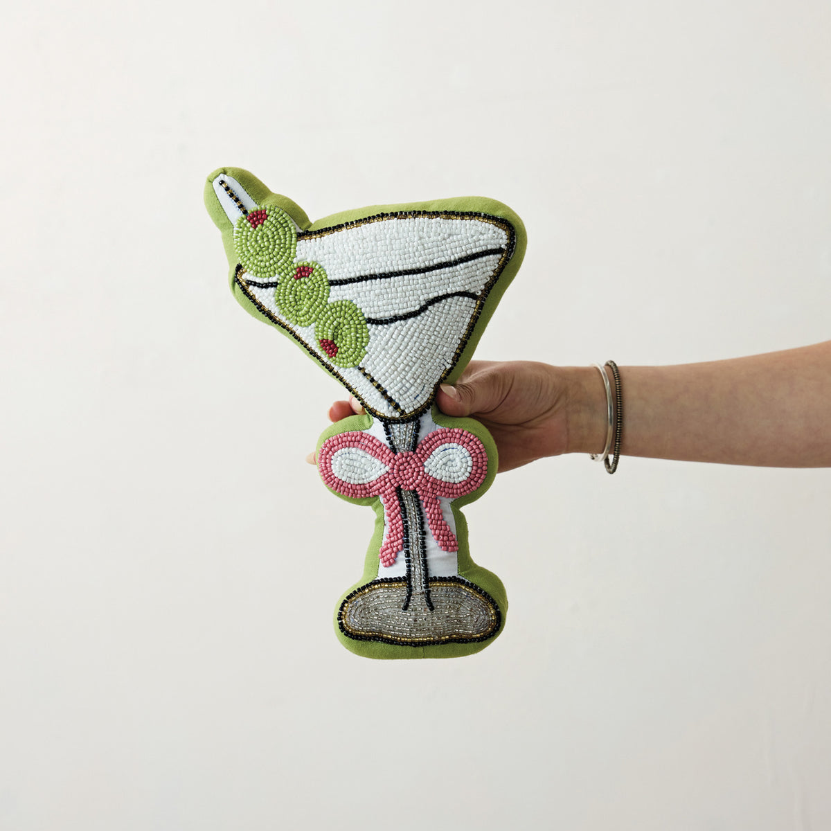 Martini Shaped Fabric Beaded Pillow with Bow & Velvet Back