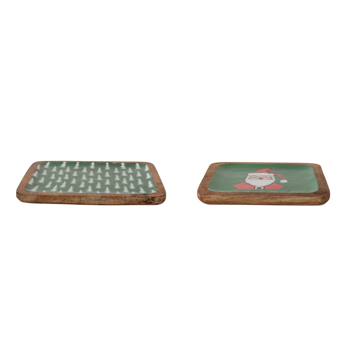 Enameled Mango Wood Trays with Santa/Tree Pattern "Jolly Old St. Nick", Set of 2 ©