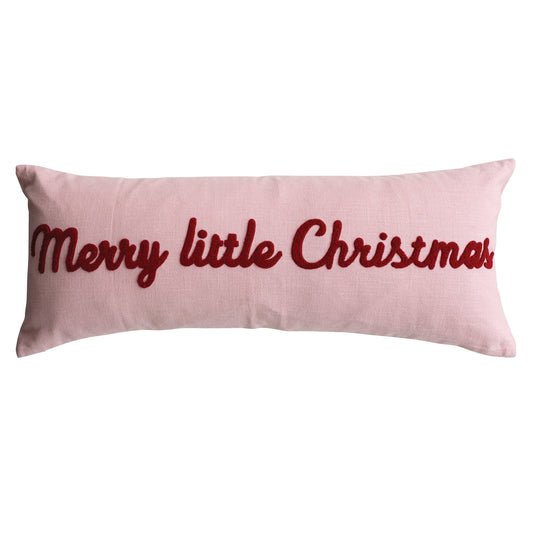 Cotton Slub Lumbar Pillow with Tufted "Merry little Christmas"