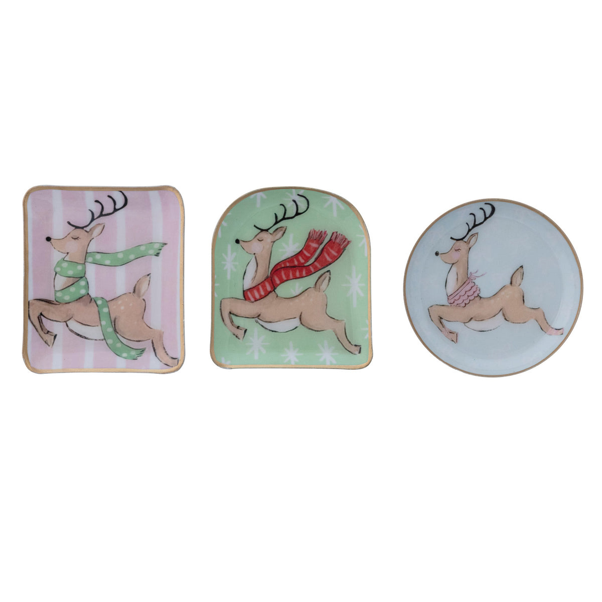 Enameled Metal Dish with Reindeer in Scarf & Gold Edge, 3 Styles ©