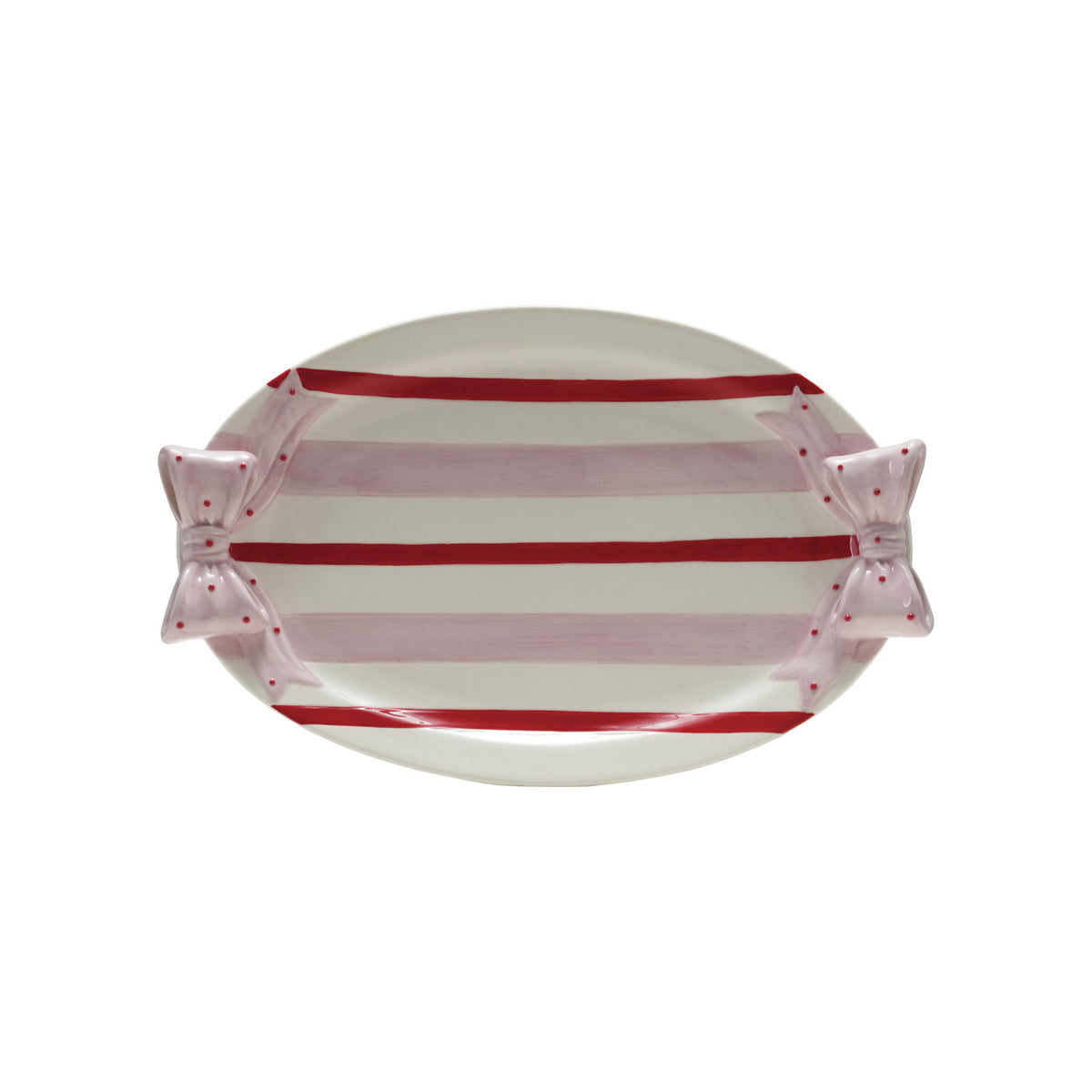 Hand-Painted Stoneware Striped Platter with Polka Dot Bow Shaped Handles, White