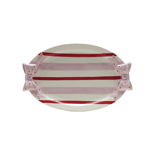 Hand-Painted Stoneware Striped Platter with Polka Dot Bow Shaped Handles, White