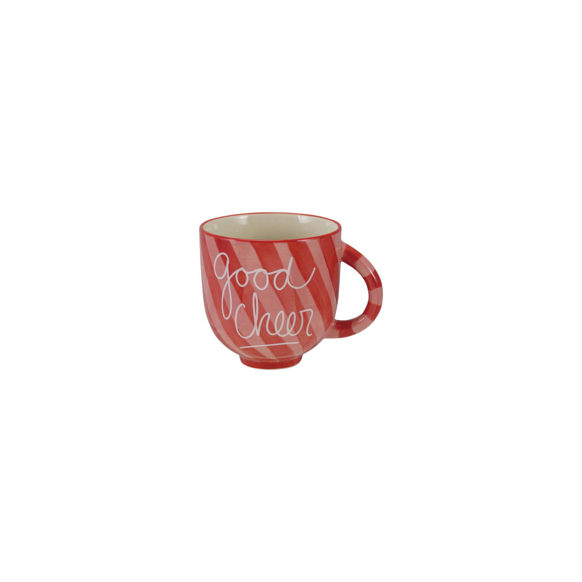 "Good Cheer"  14 oz. Hand-Painted Stoneware Striped Mug  Red & White ©
