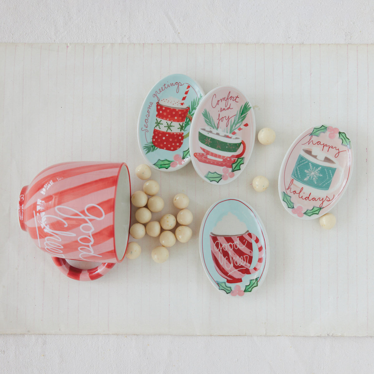 "Good Cheer"  14 oz. Hand-Painted Stoneware Striped Mug  Red & White ©