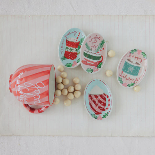 Hand-Painted Stoneware Dish with Holly, Hot Chocolate & Holiday Saying, 4 Styles ©