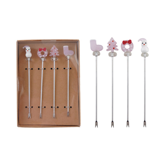 Stainless Steel Appetizer Picks with Hand-Blown Glass Holiday Icons, Boxed Set of 4