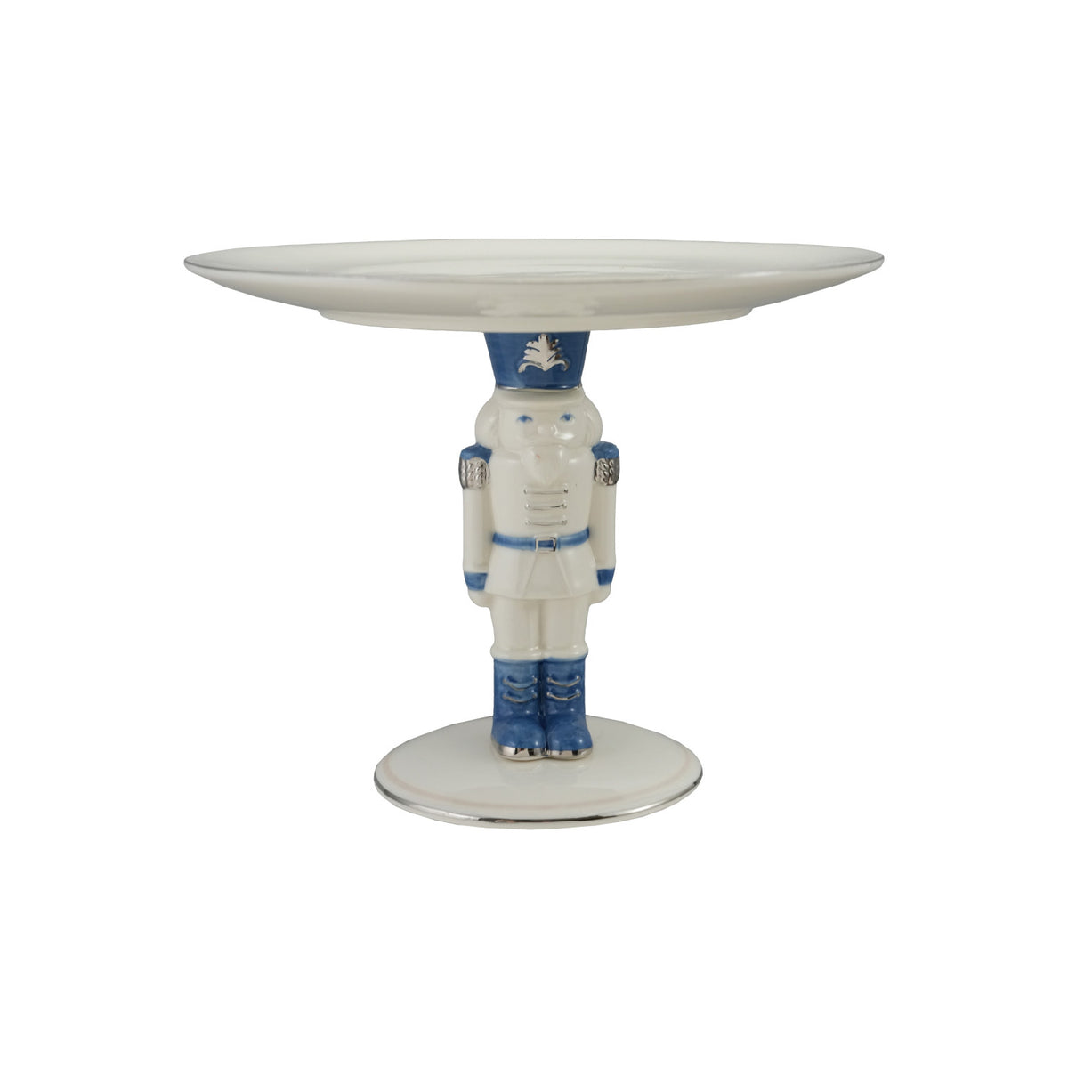 Ceramic Pedestal with Nutcracker & Silver Electroplating, White & Blue