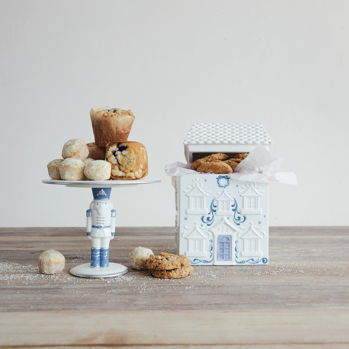 Ceramic Pedestal with Nutcracker & Silver Electroplating, White & Blue