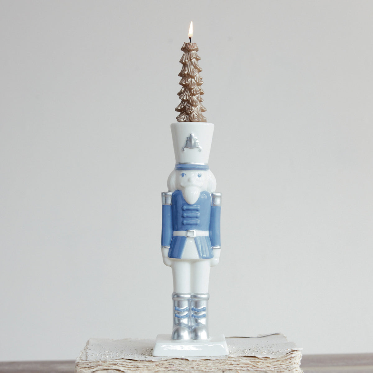 Nutcracker Shaped Taper Holder with Silver Electroplating, White & Blue - EACH