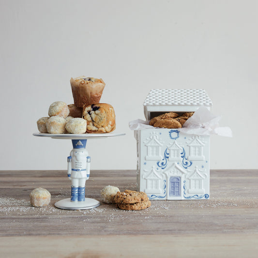 Ceramic House Shaped Cookie Jar with Stars, Wreath & Design, White & Blue