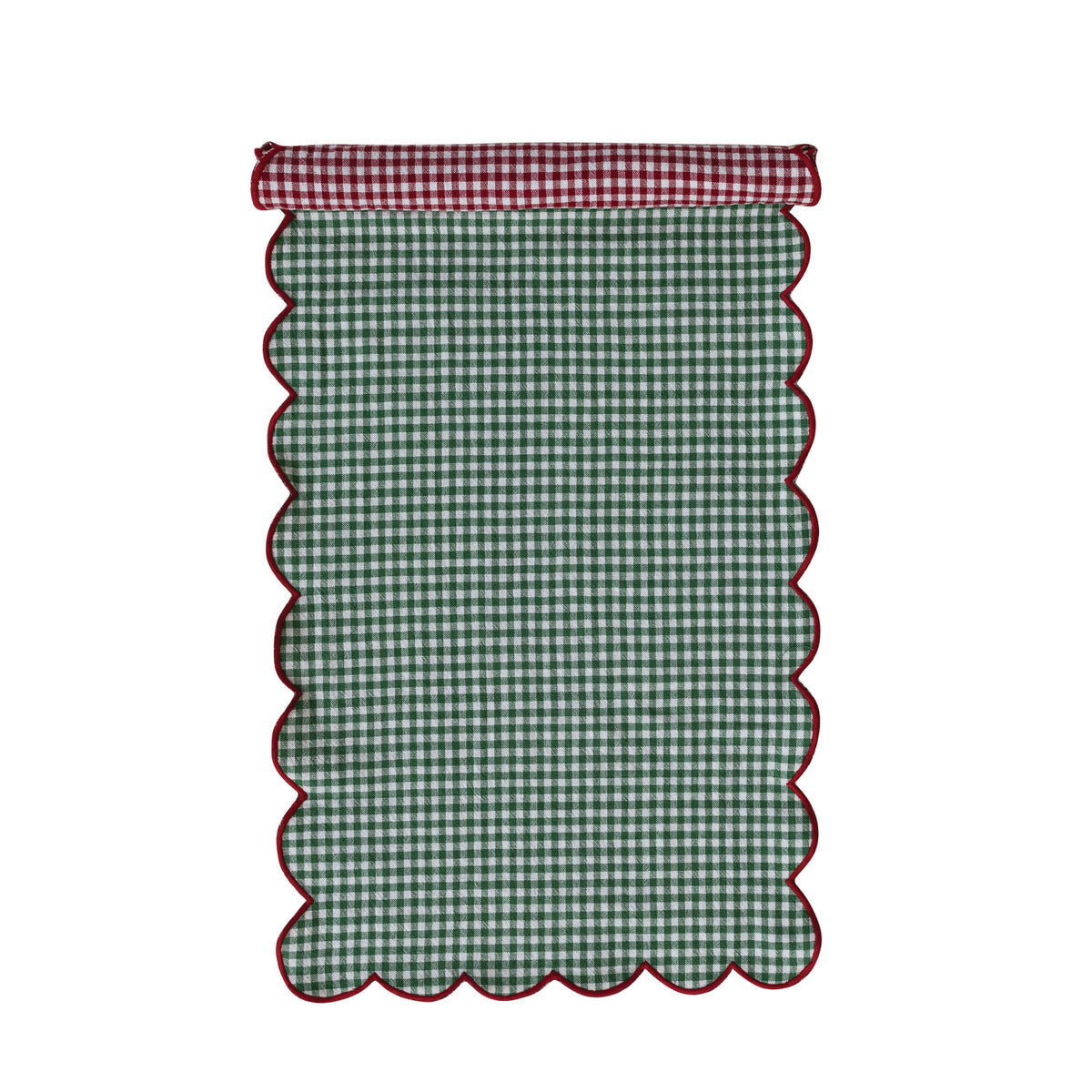 Woven Cotton Scalloped Two-Sided Table Runner with Stitched Edge, Roll Tied with Cotton Tape