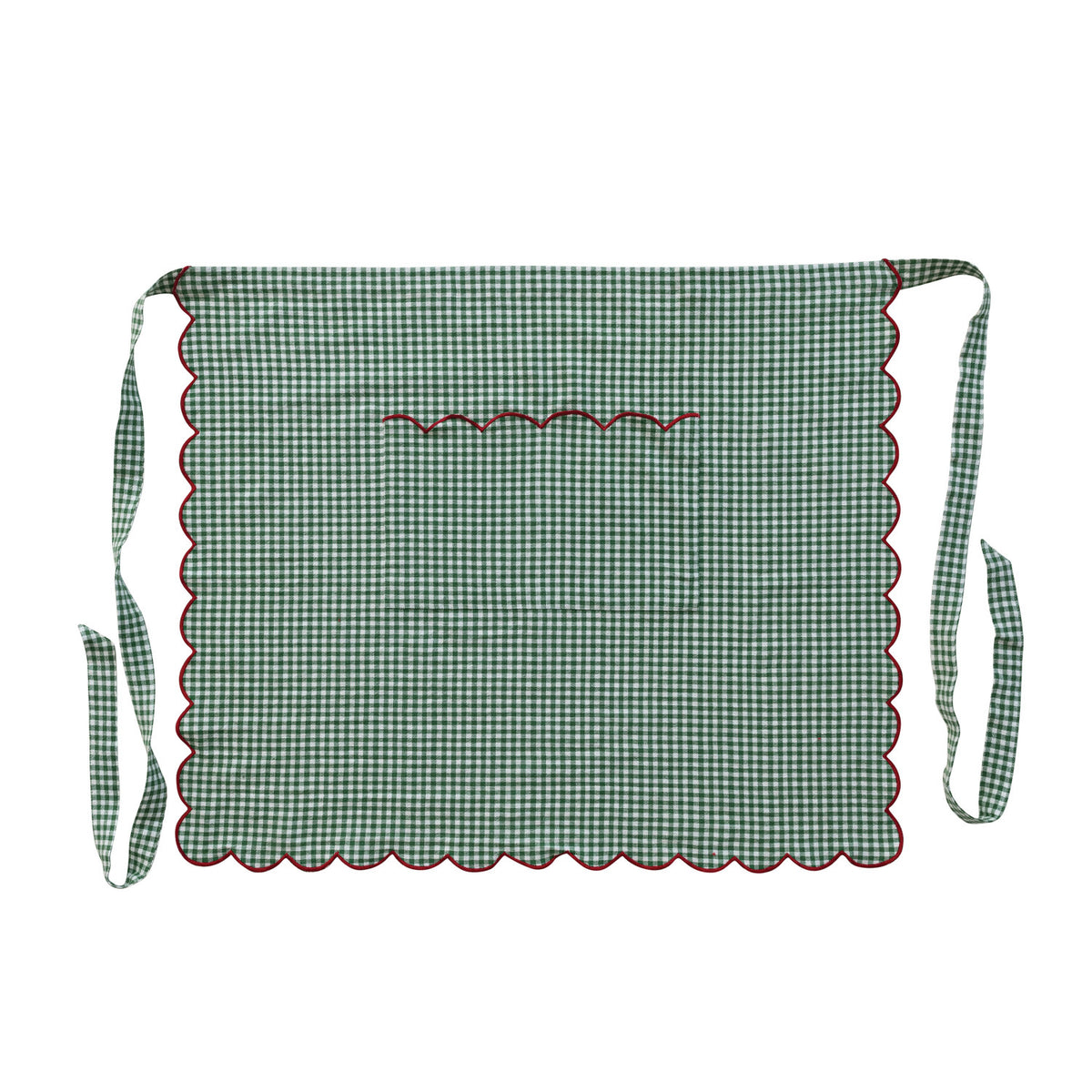 Woven Cotton Scalloped Half Apron, Contrasting Stitched Edge & Pocket