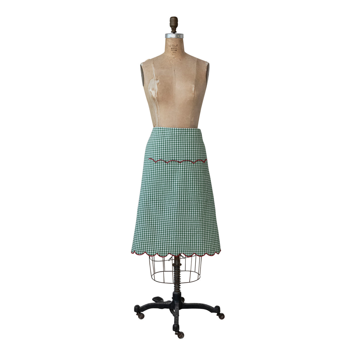 Woven Cotton Scalloped Half Apron, Contrasting Stitched Edge & Pocket
