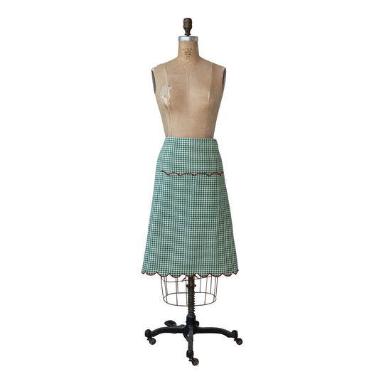 Woven Cotton Scalloped Half Apron, Contrasting Stitched Edge & Pocket