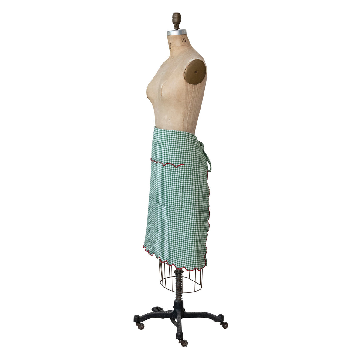 Woven Cotton Scalloped Half Apron, Contrasting Stitched Edge & Pocket