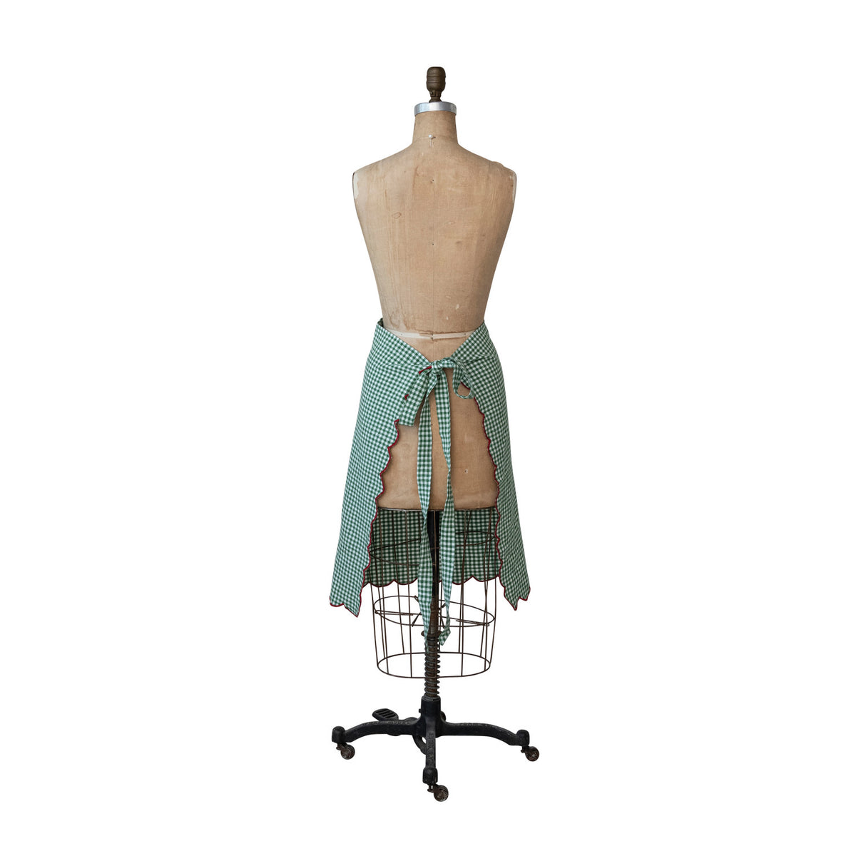 Woven Cotton Scalloped Half Apron, Contrasting Stitched Edge & Pocket