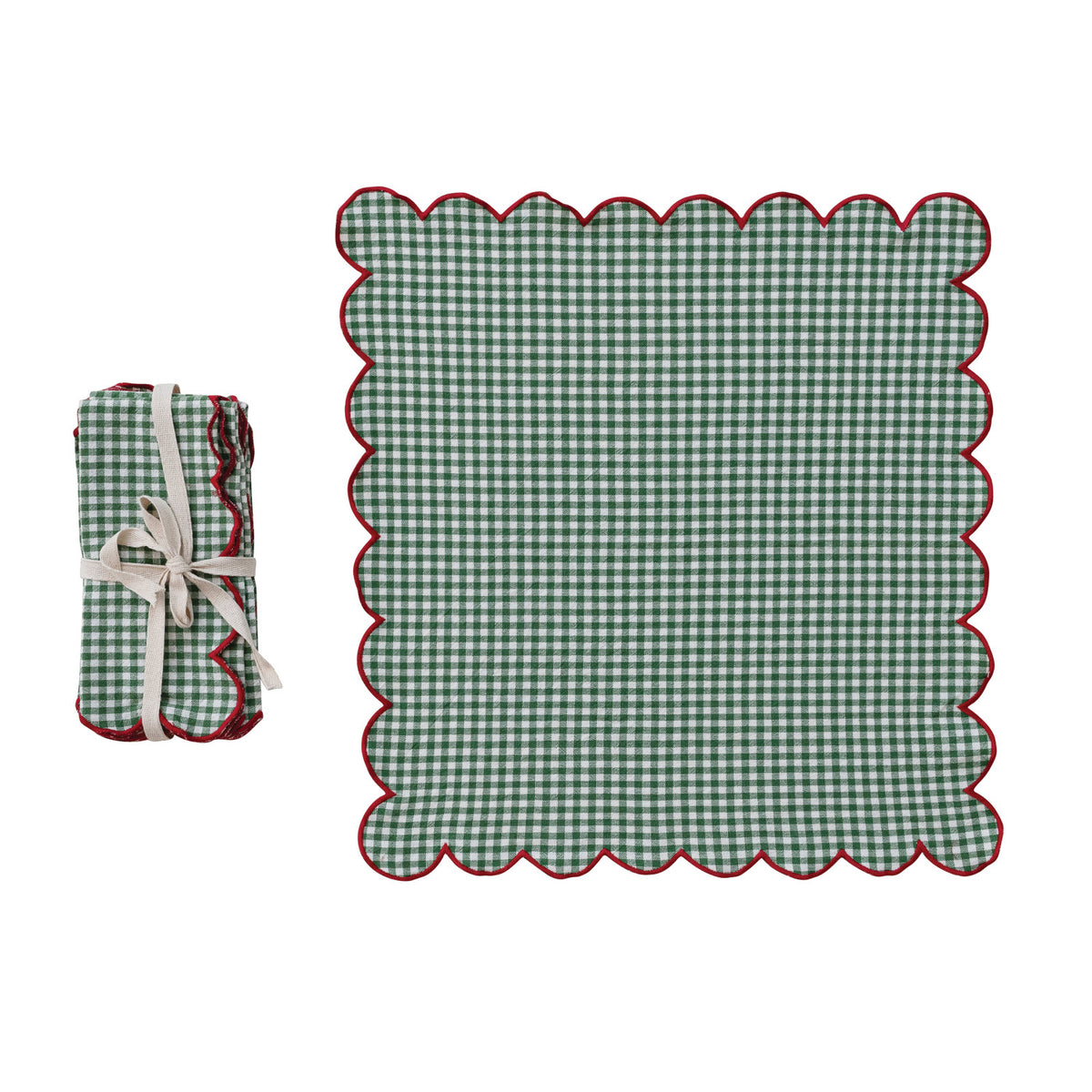 Scalloped Napkins & Contrasting Stitched Edge, Set of 4 Tied with Cotton Tape
