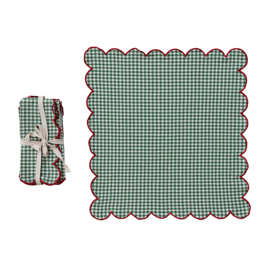 Scalloped Napkins & Contrasting Stitched Edge, Set of 4 Tied with Cotton Tape