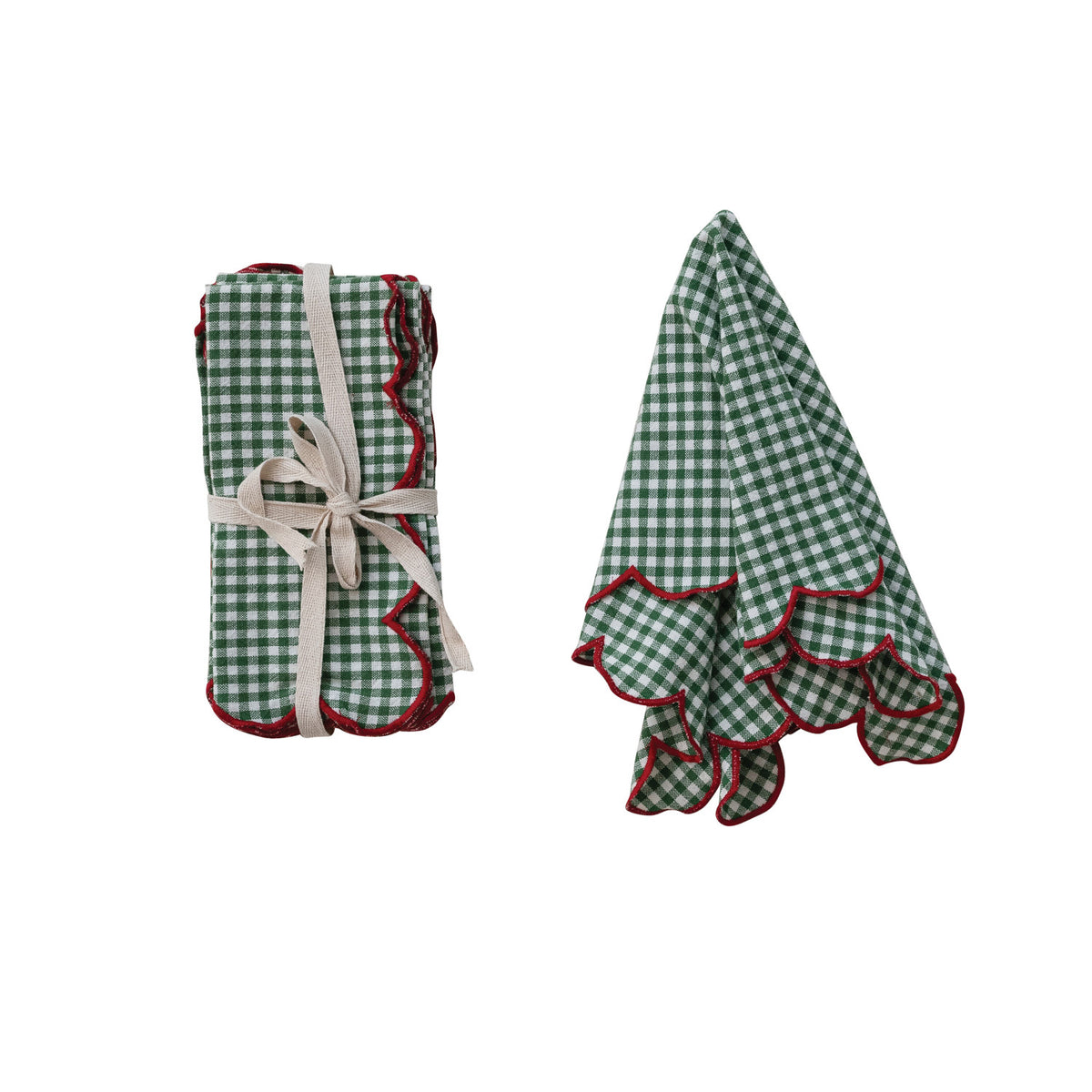 Scalloped Napkins & Contrasting Stitched Edge, Set of 4 Tied with Cotton Tape