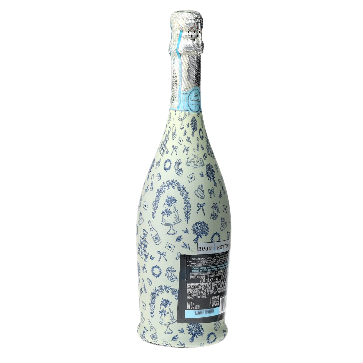 Blue Wedding Toile Prosecco Bottle Wrap