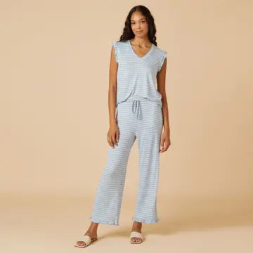 Dream Ruffle V-Neck with Cropped Pant - Blue Stripe