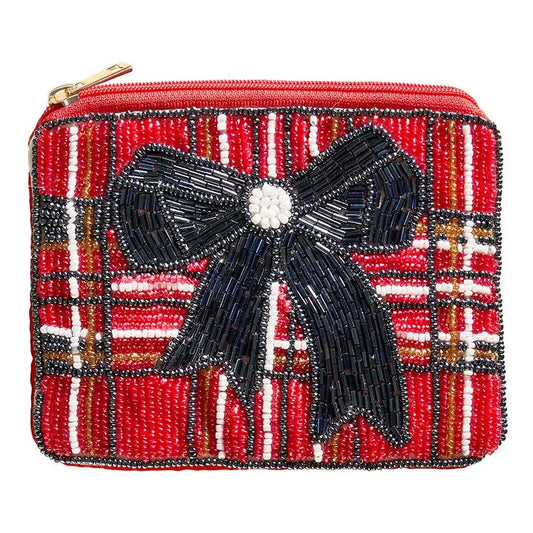 Bow Tartan Beaded Pouch