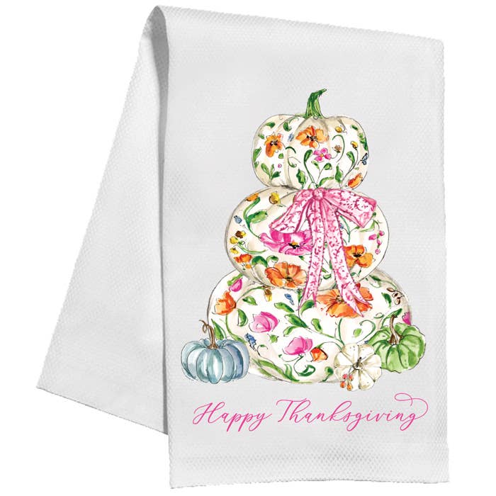 Happy Thanksgiving Pumpkin Stack w/ Pink Bow Kitchen Towel
