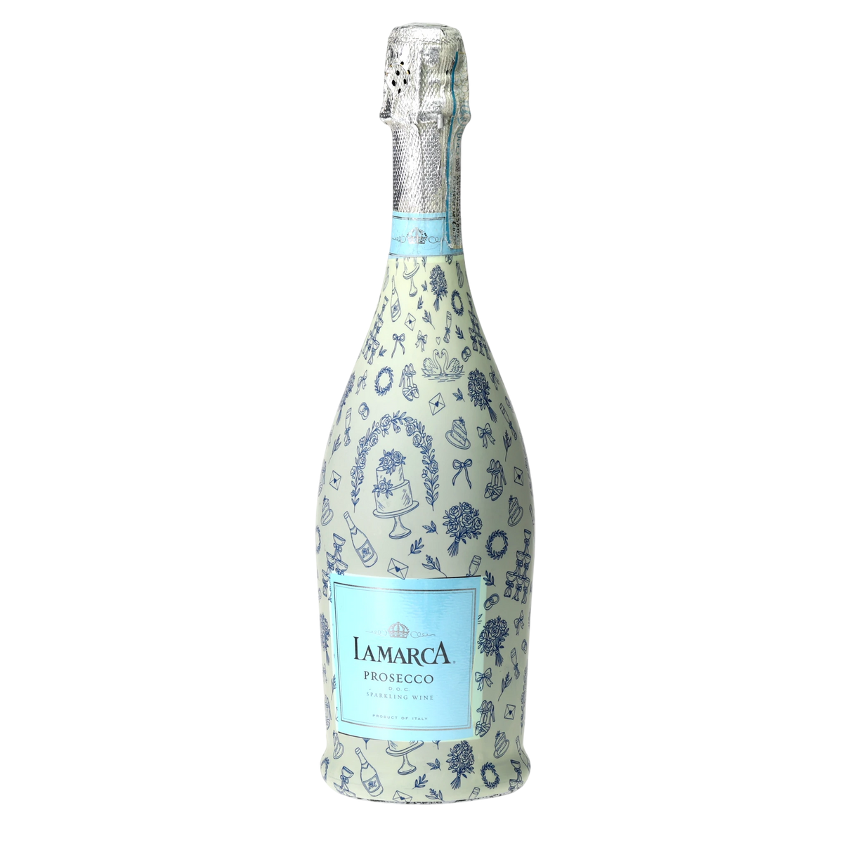 Blue Wedding Toile Prosecco Bottle Wrap