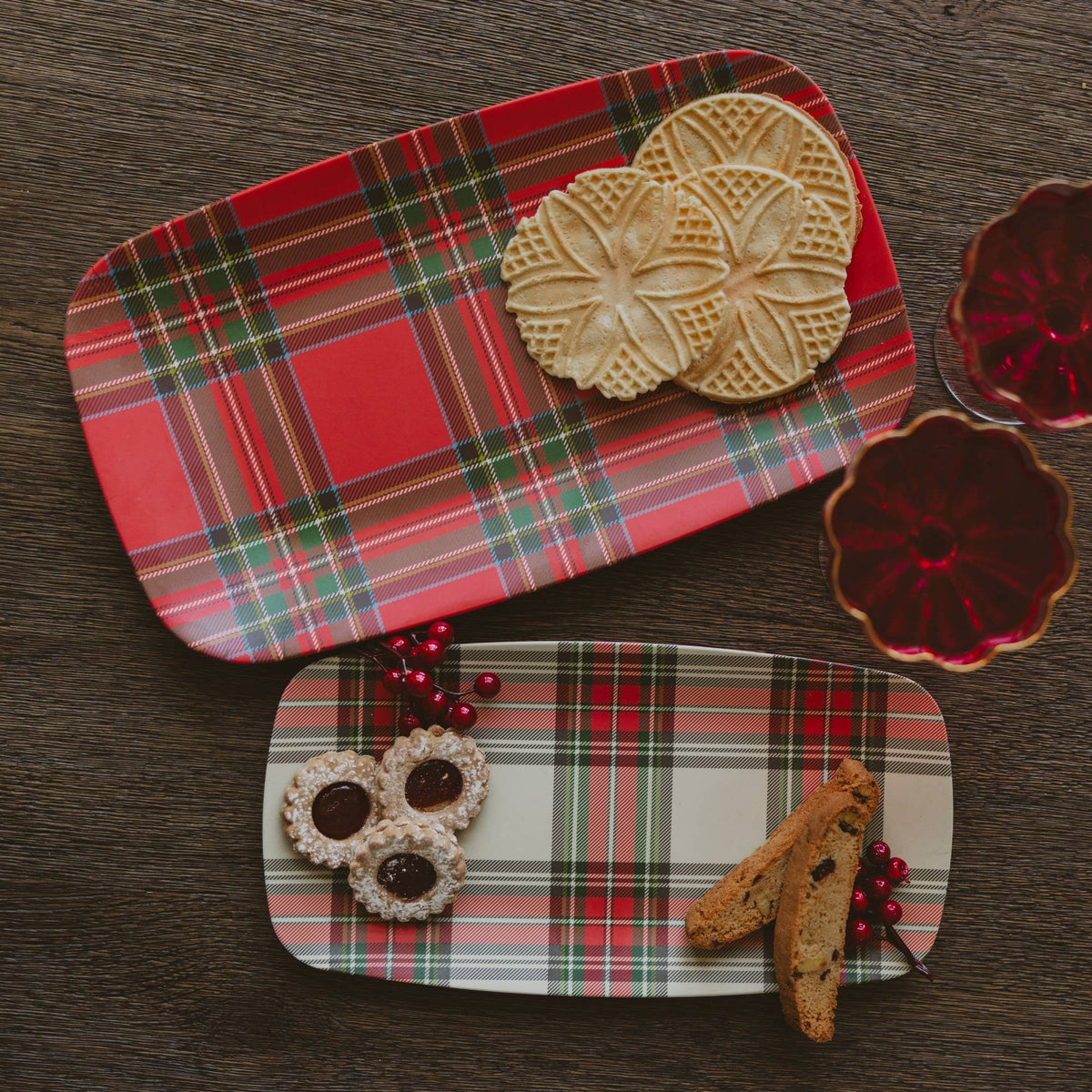 Red and White Plaid Stacking Melamine Tray - Set of 2