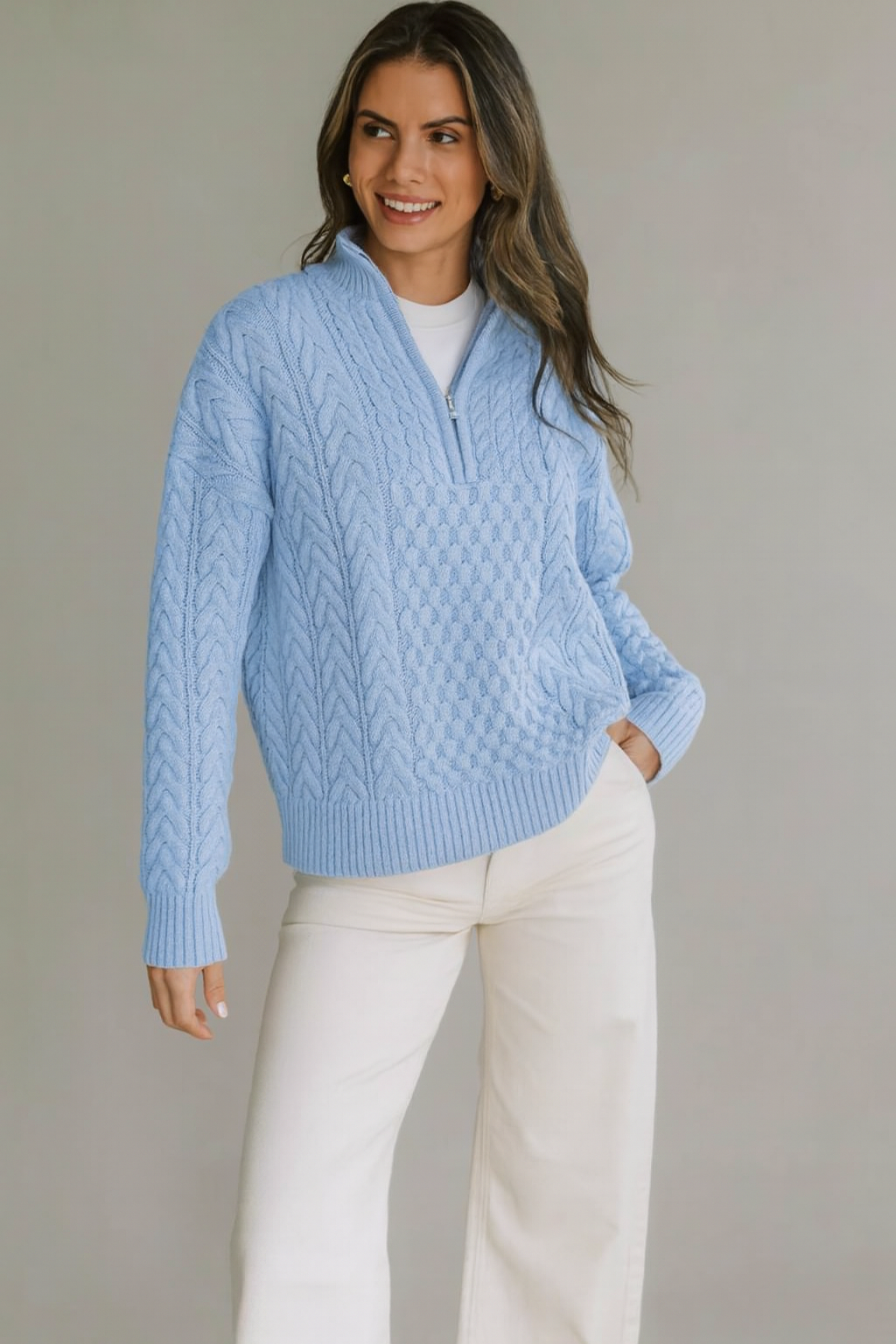 Flag 1/2 Zip Cable Sweater in French Blue