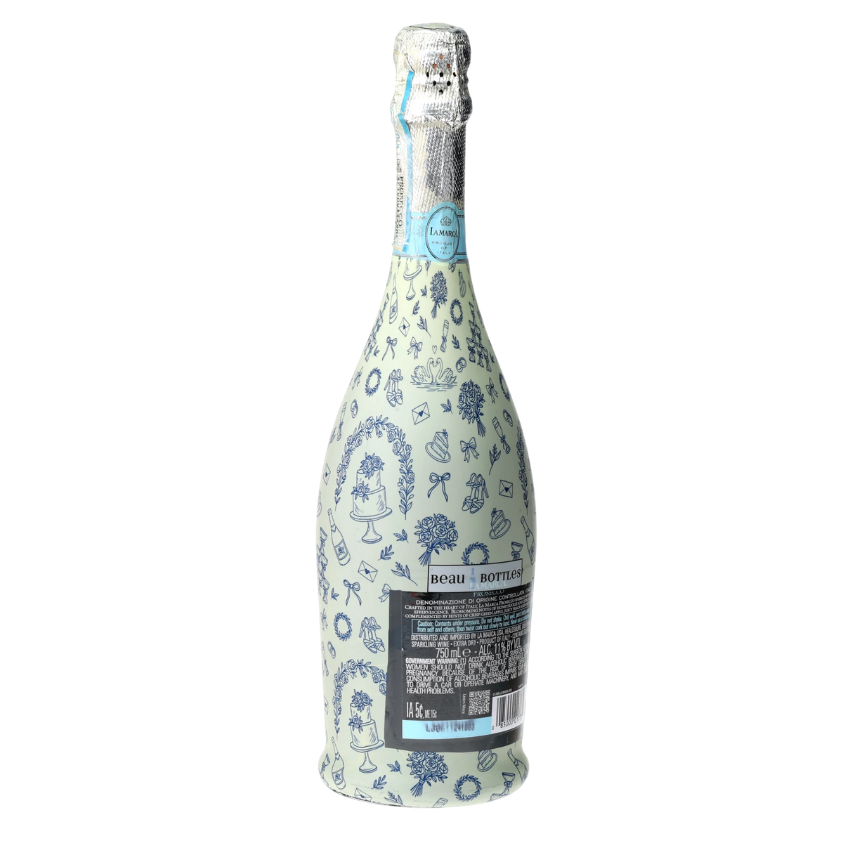 Blue Wedding Toile Prosecco Bottle Wrap