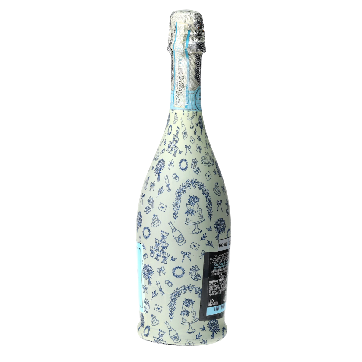 Blue Wedding Toile Prosecco Bottle Wrap