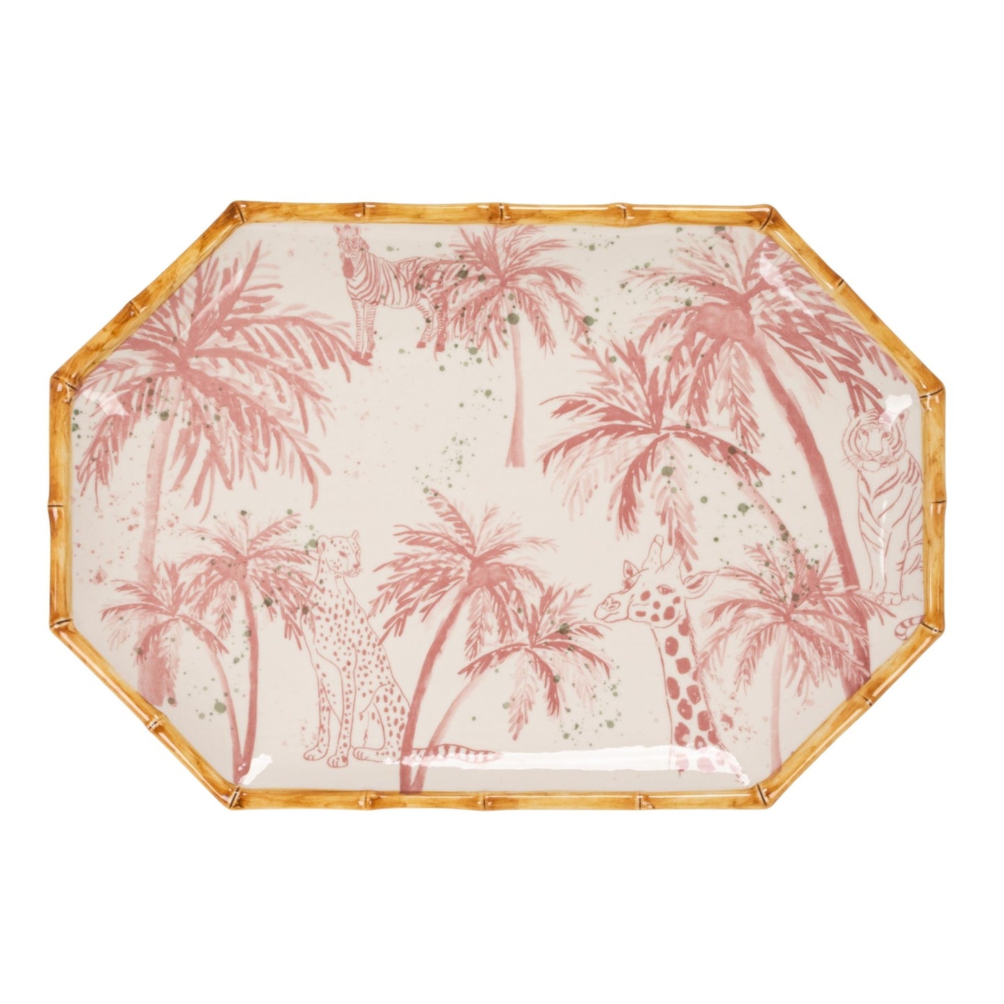 Hand-Painted Stoneware Octagon Shaped Platter with Palm Trees, Animals & Bamboo Style Edge