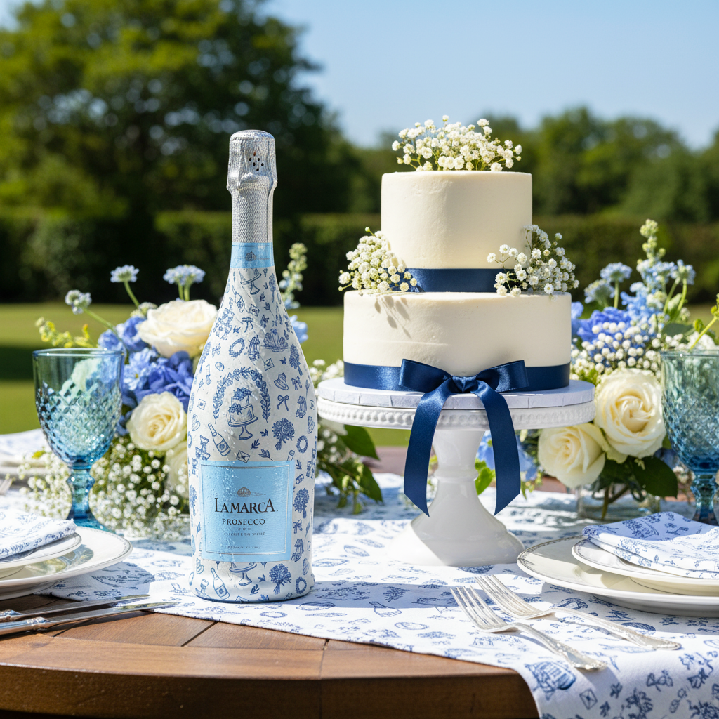 Blue Wedding Toile Prosecco Bottle Wrap