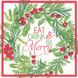 Cocktail Napkins Pack of 20 Be Merry Wreath Christmas