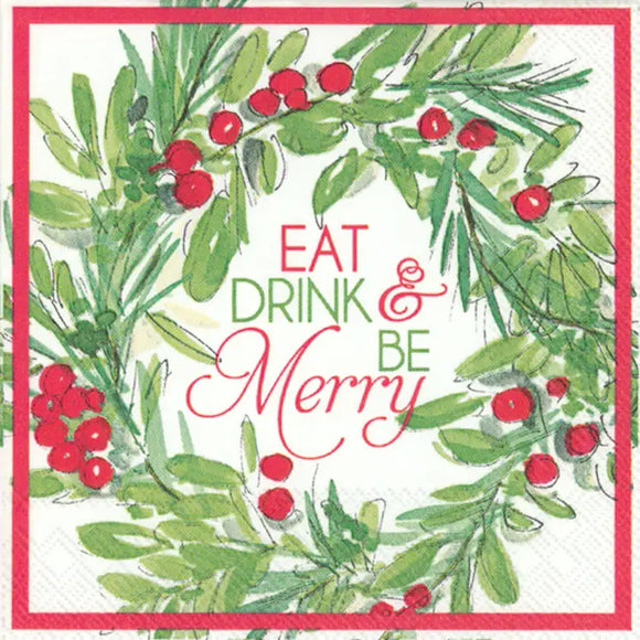 Cocktail Napkins Pack of 20 Be Merry Wreath Christmas
