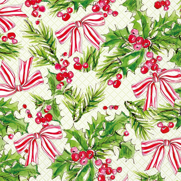 Cocktail Napkins 20ct Pink Holly Bows Christmas