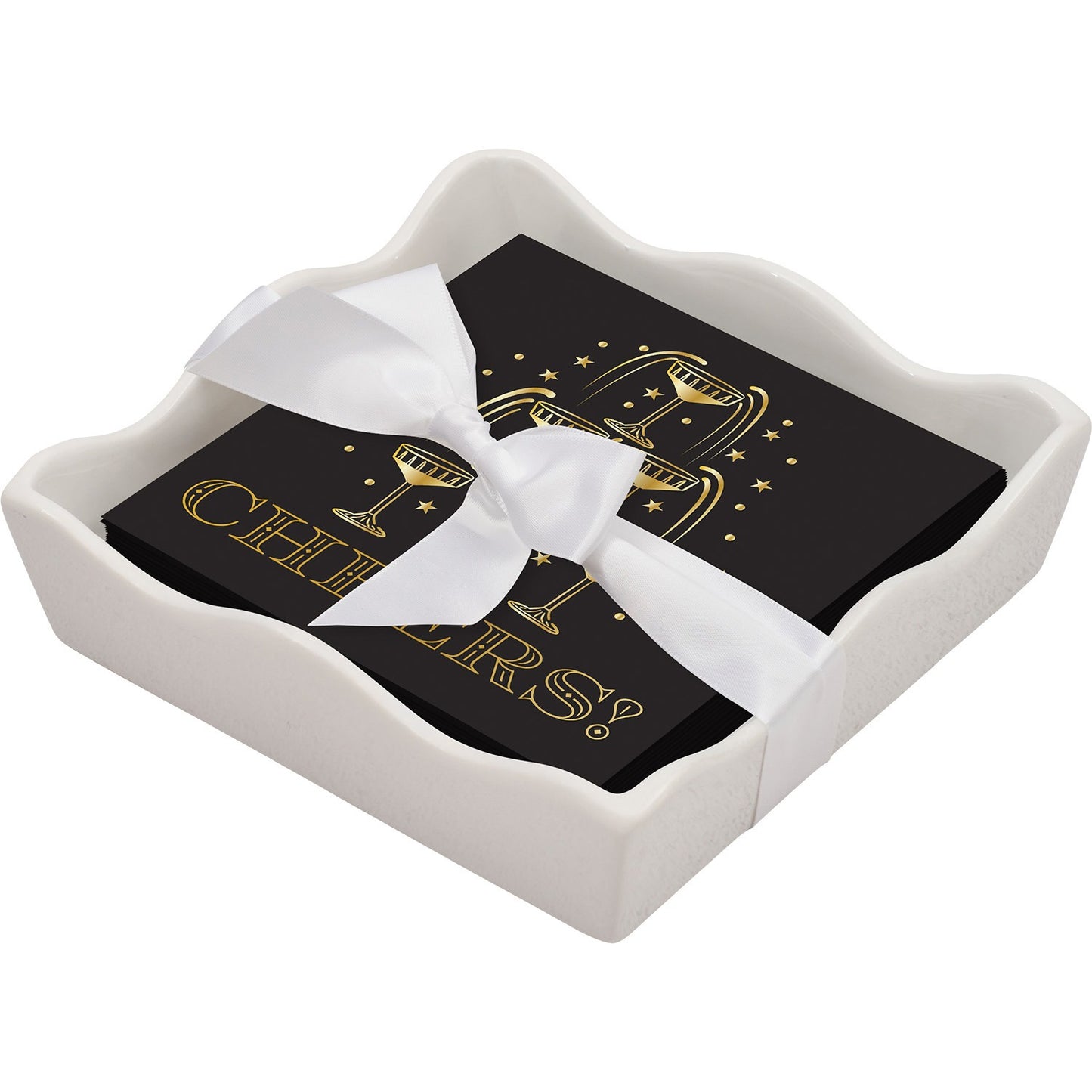 Ceramic Wave Napkin Tray with Cocktail Napkin - Midnight Cheers