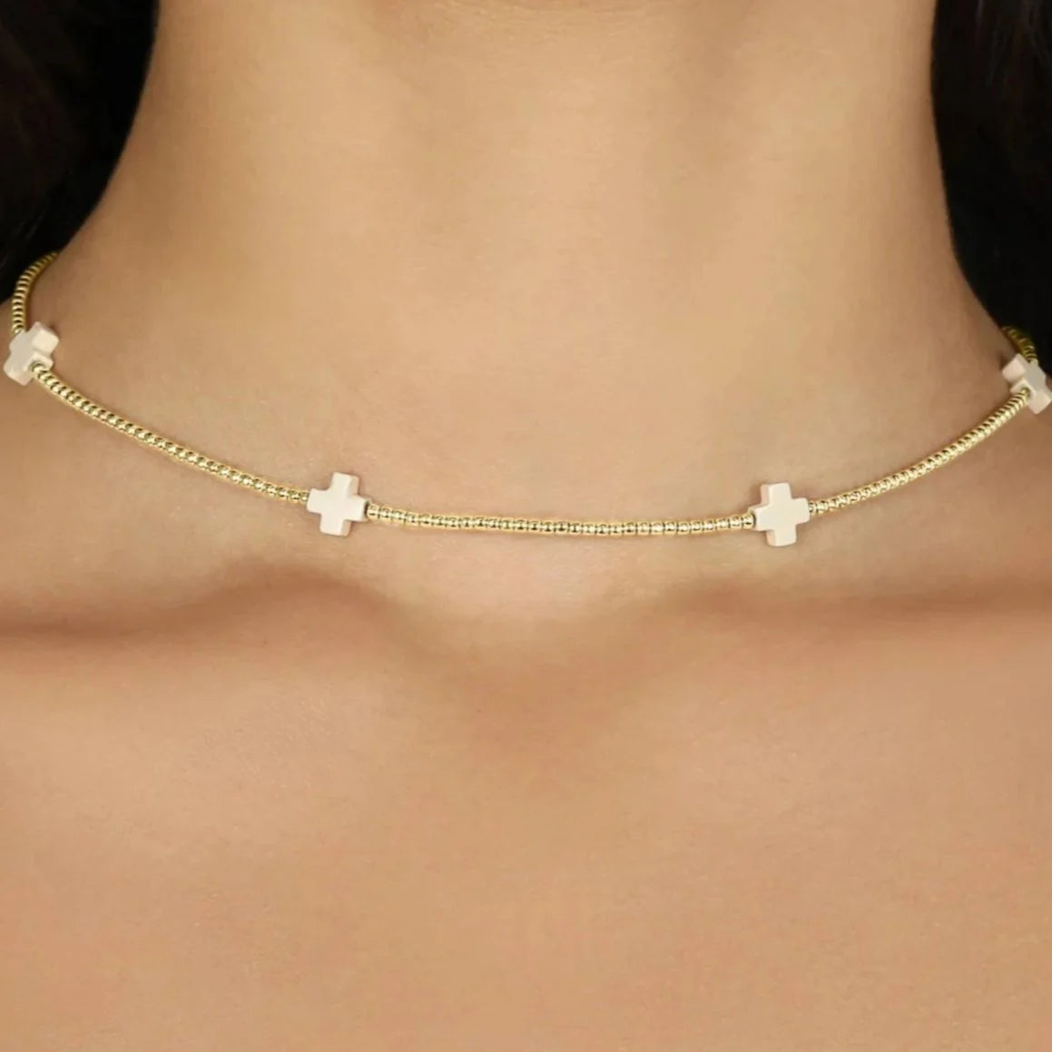 15" choker signature cross gold pattern 2mm bead - off white