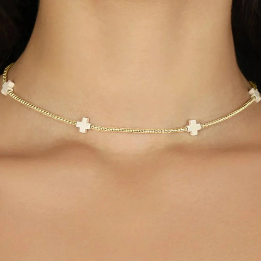 15" choker signature cross gold pattern 2mm bead - off white