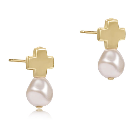 signature cross gold studs - classic pearl