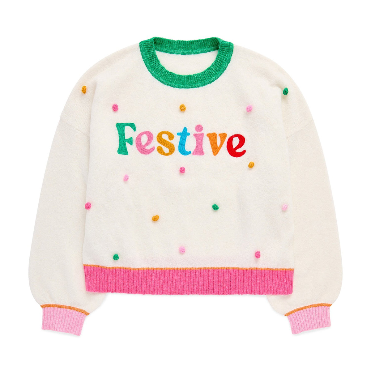 XS  "FESTIVE" POM POM RELAXED SWEATER,IVORY