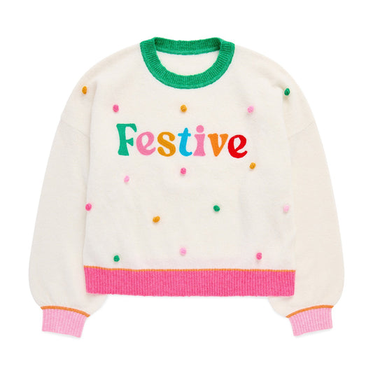 S  "FESTIVE" POM POM RELAXED SWEATER,IVORY