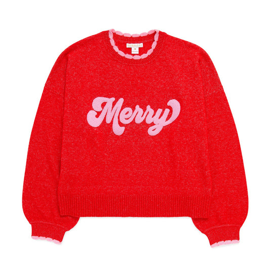 M "MERRY" SCALLOP TRIM RELAXED SWEATER,RED