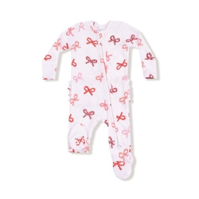 Candy Cane Bows - 2 Way Zipper Ruffle Back Footie