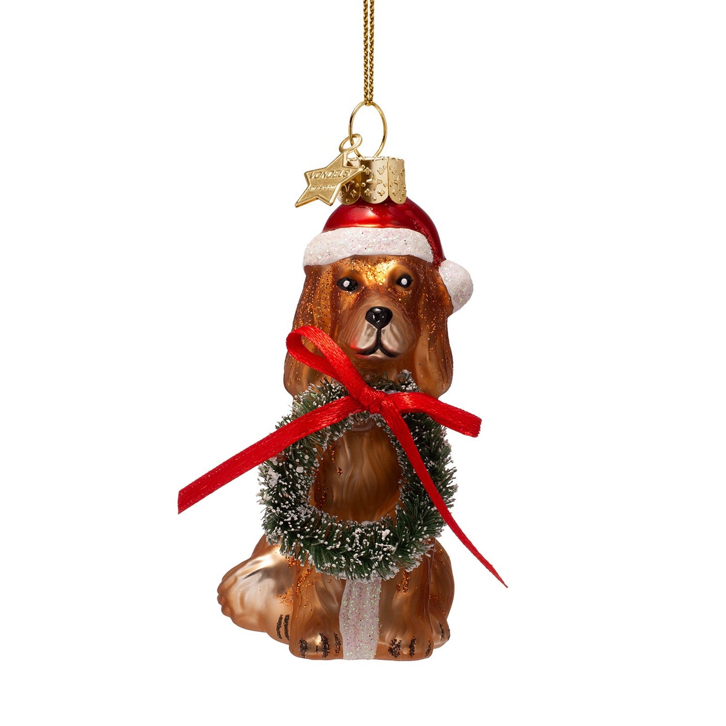 Ornament glass Christmas dog gold with wreath H3.5"