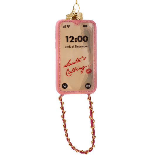 Ornament glass phone pink with chain H4"