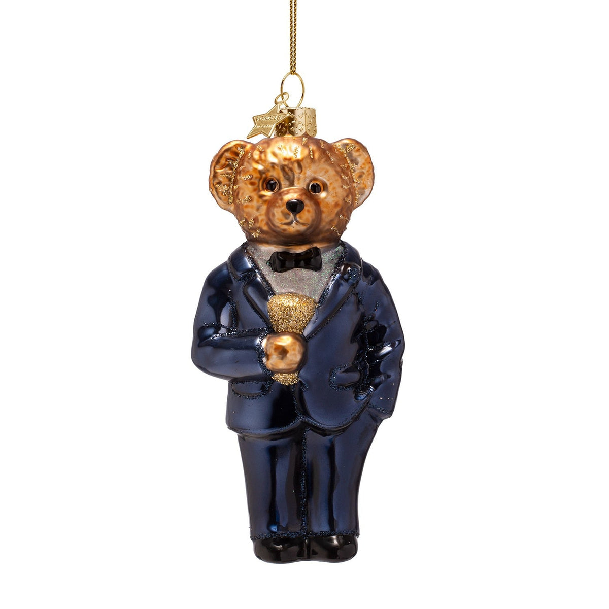 Ornament glass bear blue in clothes H4.5"